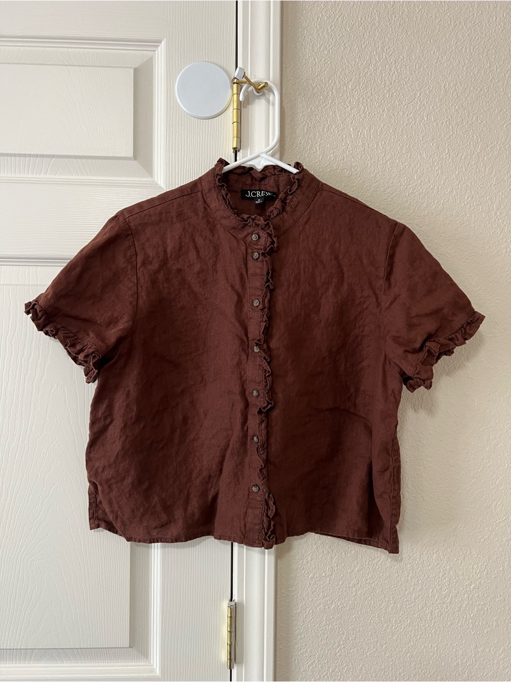 J.Crew Ruffle Trim Linen Button Up Shirt Roasted Cocoa Brown Size M CC709